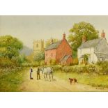 Richard Reid Simm - village scene with church and houses, figures with horse and dog,