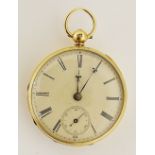 An 18 carat gold keyless lever pocket watch with engine turned back,