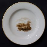 Pinxton - a rare cup plate painted to the centre with a sepia landscape, gilt rim, 12.