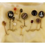 Twelve gem set and other stick pins including oval pietra dura panel,