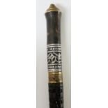 A swordstick, brass pommel above horn? and cast white metal handle, crosshatched brass collar,