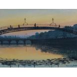 Rosemary Bedell - Dublin Bridge, with the setting sun, oil on artist board, signed lower right,