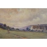 W Maliphant - scene from near Llanbear, Breconshire, with figure before cottages, watercolour,