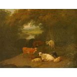 Joshua Shaw (1776 - 1860) - cattle and sheep in extensive wooded landscape, a bridge beyond,