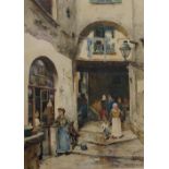 Charles-Edouard Dubois (1847-1885) - Parisian street scene, figures outside a shop, watercolour,