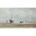 Ray Witchard - beached boats, an extensive landscape, watercolour, signed lower right, 22cm x 37cm,