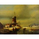 Willem Zimmermann - winter scene with skaters on a frozen river, windmill and cottages,