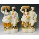 Two Staffordshire flat back figures of a country gentleman and maiden with sheaf resting on her