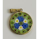 A 14ct gold mounted circular millefiore glass pendant, 1.