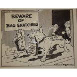 Williams, Glan, cartoonist (1911 - 1986), original cartoon, c1970, BEWARE OF BAG SNATCHERS,