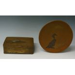 A Japanese bronze box and cover the pull-off lid with a landscape scene in bronze,