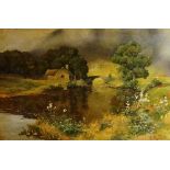 S T Roberts - cottage and bridge in stormy hilly wooded landscape, oil on panel, signed lower right,