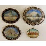 Four oval miniature Mughal brooches each depicting palaces, temples and bridges,