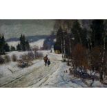 Heinrich Hermanns - a winter landscape with silver birch and trees, figures on a path,