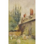 Ina Clogstoun - graveyard and cottages, watercolour, signed lower left and dated August 1894,