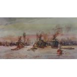 Michael Crawley - River Thames, Pool of London, watercolour, signed lower right, 26cm x 44cm,