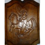 Folk Art - a 19th Century panel, naively carved with a mounted cavalry soldier, 28cm high, 20.