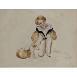 French School, early 19th Century - kneeling boy with dog, watercolour and pencil,