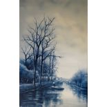A Dutch blue and white tile picture painted with a canal scene with figure in a boat,