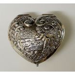 A heart shaped silver pill box, hinged,