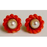 A pair of 14ct gold pink carved coral and pearl ear studs,