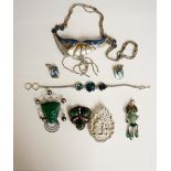 A quantity of silver jewelry including Mexican silver pendant, silver and blue hardstone necklace,