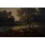 English School, mid 19th Century - stags by a river, an autumn landscape, oil on artist board,