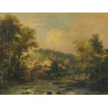 English School, 19th Century - a figure fishing from a stone bridge with cattle,