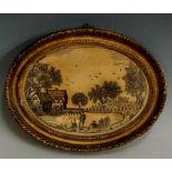 A George III oval needlework picture of three figures, two fishing with water mill,