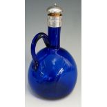 A Bristol blue glass decanter with reeded silver collar,