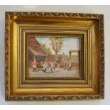 Francis Clarke - a rectangular porcelain plaque painted with dancing figures outside a tavern,