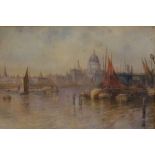 Alfred W Hunt - busy Thames scene with St Paul's in the background, watercolour,