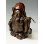 A Japanese bronze figure of a elderly bearded man holding a minogame turtle, 19cm high,