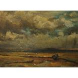 W Sydney Stacey - Accross The Marshes, an extensive stormy landscape with boat and gulls,