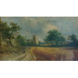 Joseph Thors - View in Nottinghamshire, a summer landscape with church and figure on a path,