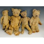 Four vintage plush teddy bears, 37cm high and smaller,