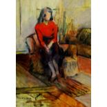 Franklin White - woman seated on the arm of a chair, oil on artist board,