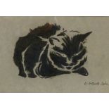 Evelyn Francis Coote Lake - Black Cat, crayon on grey paper, signed lower right, 14cm x 20cm,