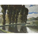 A Moussiant - trees on the curve of a canal, an extensive cloudy landscape,