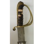 A Victorian 1798 pattern cavalry sword with pierced brass basket and wire bound leather grip,