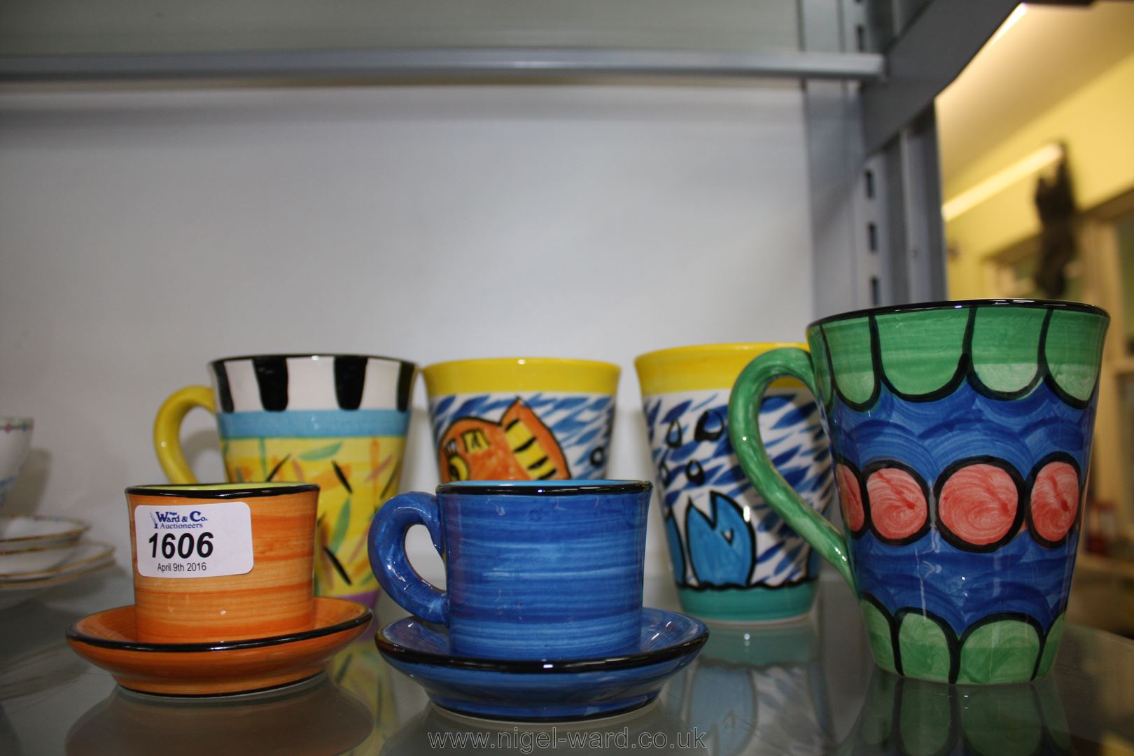 Two bold colour Beakers, two mugs and two espresso cups and saucers, by Reckless.