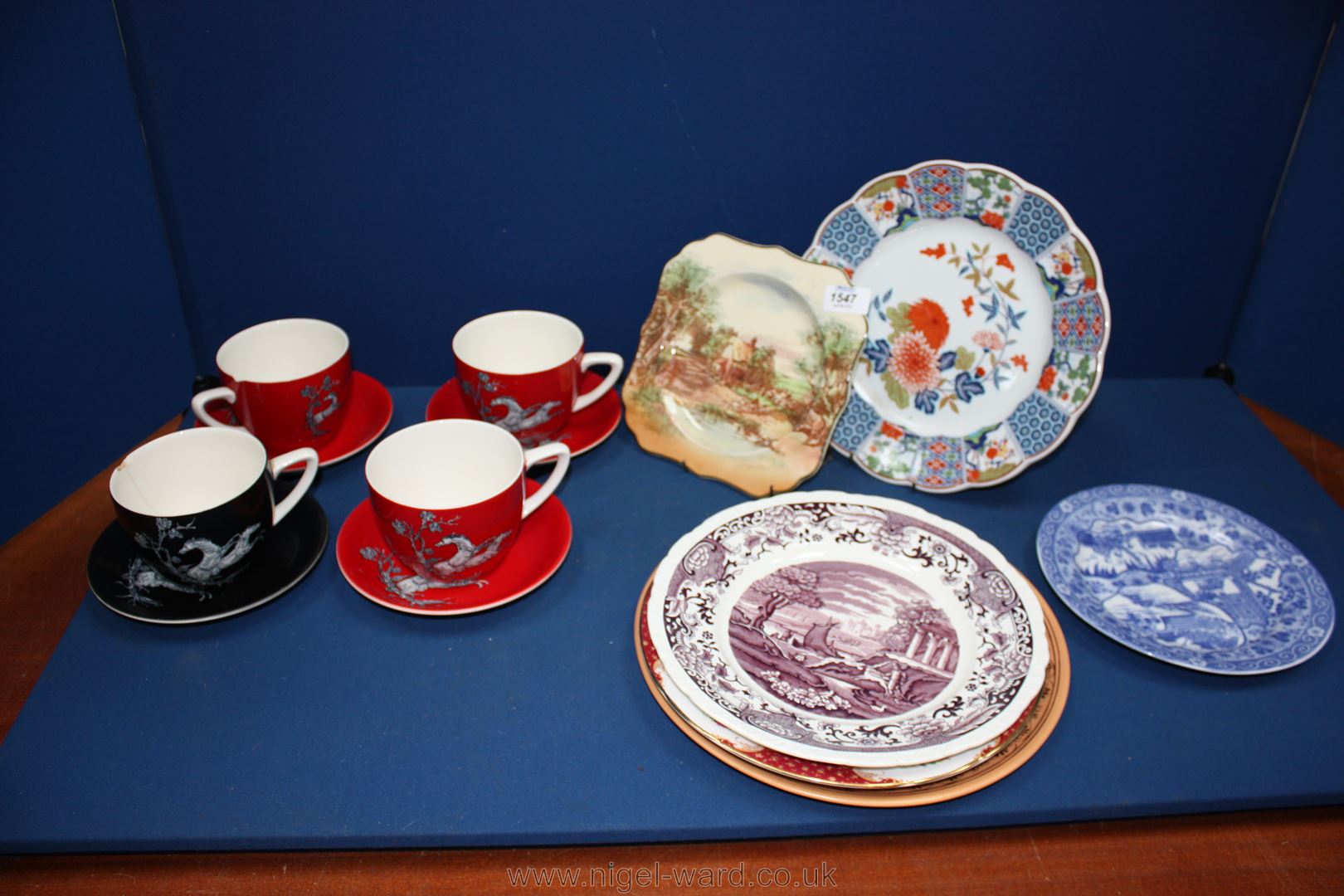Four Crown Devon 'Pegasus' breakfast cups and saucers a/f, a modern oriental plate,