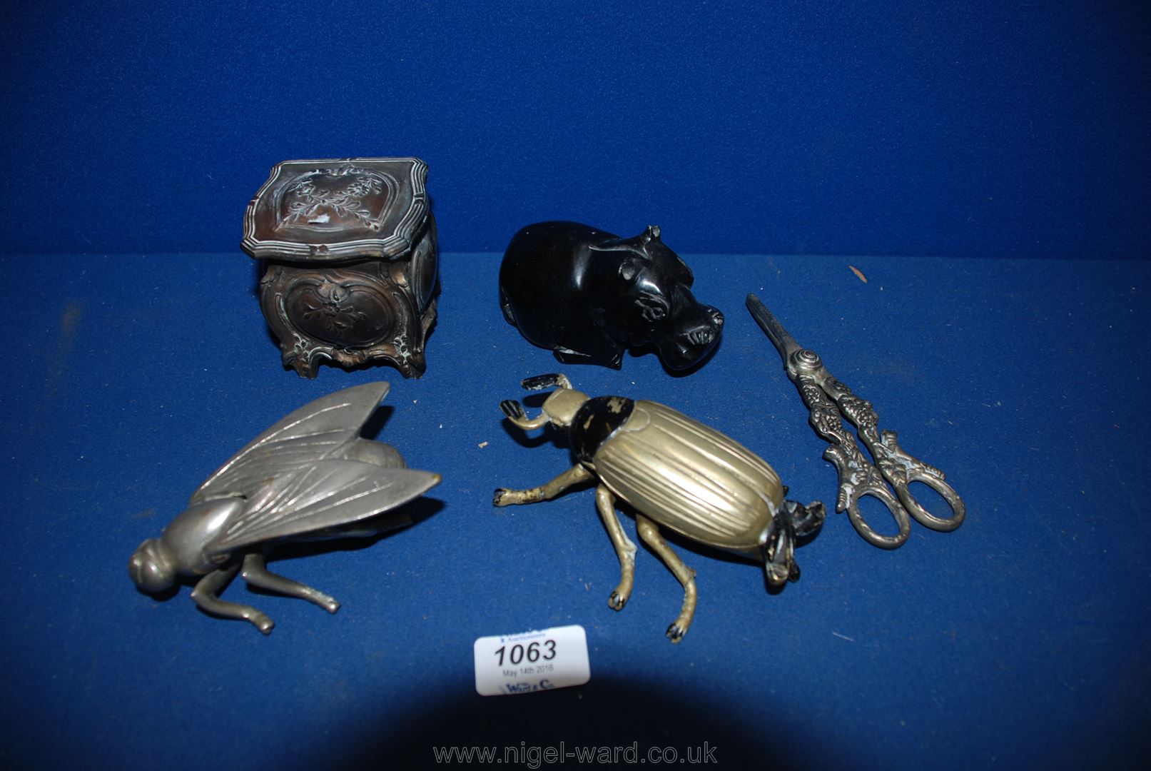 A small quantity of miscellaneous items including beetle ashtray, grape scissors, stone Hippo etc.