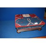 A bun footed wooden Footstool, with tapestry cover, 40 cm x 40 cm.