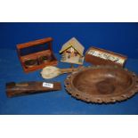 A box of miscellanea including a wooden box of old dominoes, wooden dish,