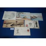 A quantity of ephemera including three 1903 stamped envelopes decorated with pen cartoons of