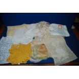 A quantity of Lace items including doilies, tray cloths, runners, length of material, etc.