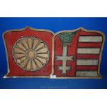 Two metal Heraldic Shield emblems