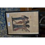 An Egyptian Highly Detailed Hand Coloured Pen & Ink Drawing on Papyrus Depicting a Musical Trio of