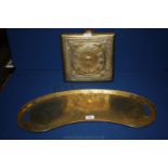 An Arts & Crafts kidney shaped Tray with stylized knight detail and a Celtic brass wall Clock (no